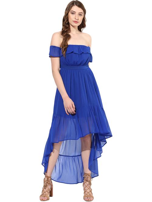 off shoulder gathered hem high low dress - 16701650 - Standard Image - 1