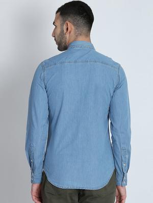 blue solid denim casual shirt - 16702012 - Standard Image - 3