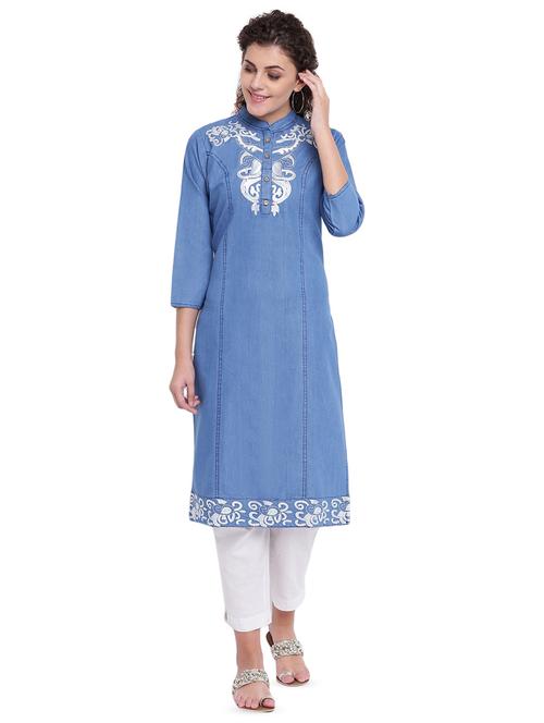 embroidered denim straight kurta - 16702756 - Standard Image - 1