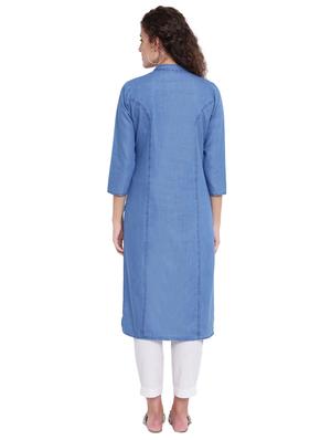 embroidered denim straight kurta - 16702756 - Standard Image - 3