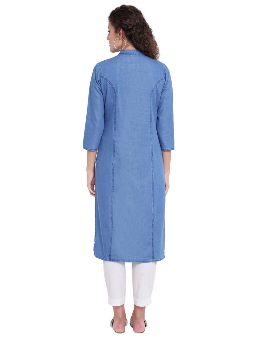 embroidered denim straight kurta - 16702756 - Zoom Image - 3
