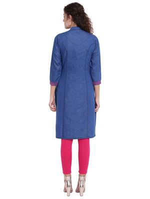 embroidered denim straight kurta - 16702757 - Standard Image - 3