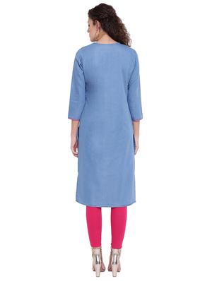 embroidered denim straight kurta - 16702758 - Standard Image - 3