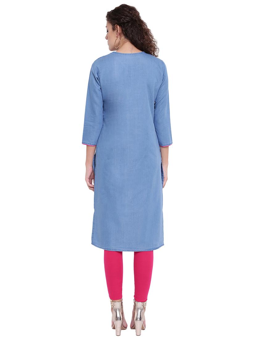 embroidered denim straight kurta - 16702758 - Zoom Image - 3