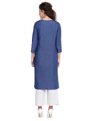 embroidered denim straight kurta - 16702759 - Standard Image - 3