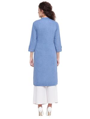 solid denim straight kurta - 16702760 - Standard Image - 3