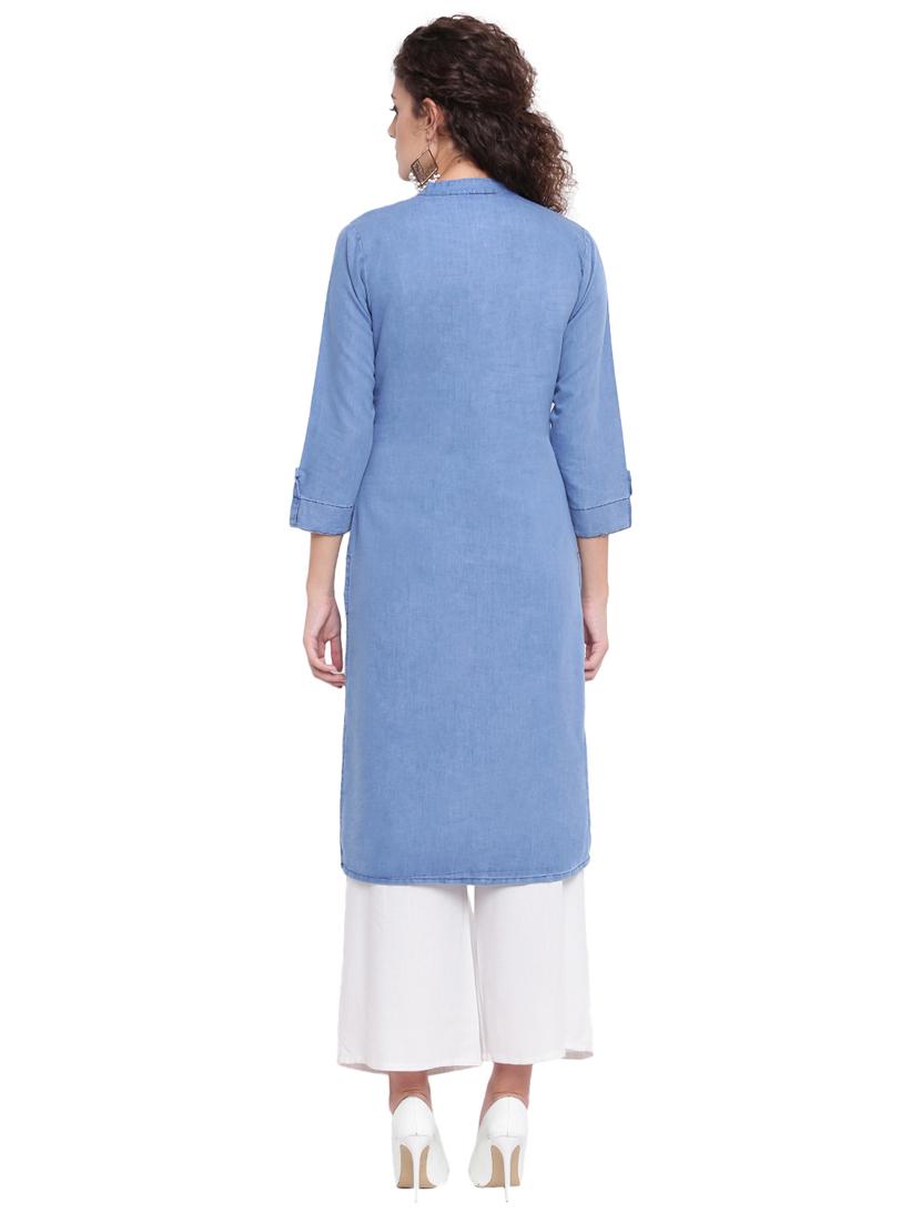 solid denim straight kurta - 16702760 - Zoom Image - 3
