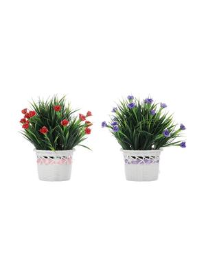 combo of 2 artificial plants with long green leaves, purple and red roses - 16712856 - Standard Image - 3
