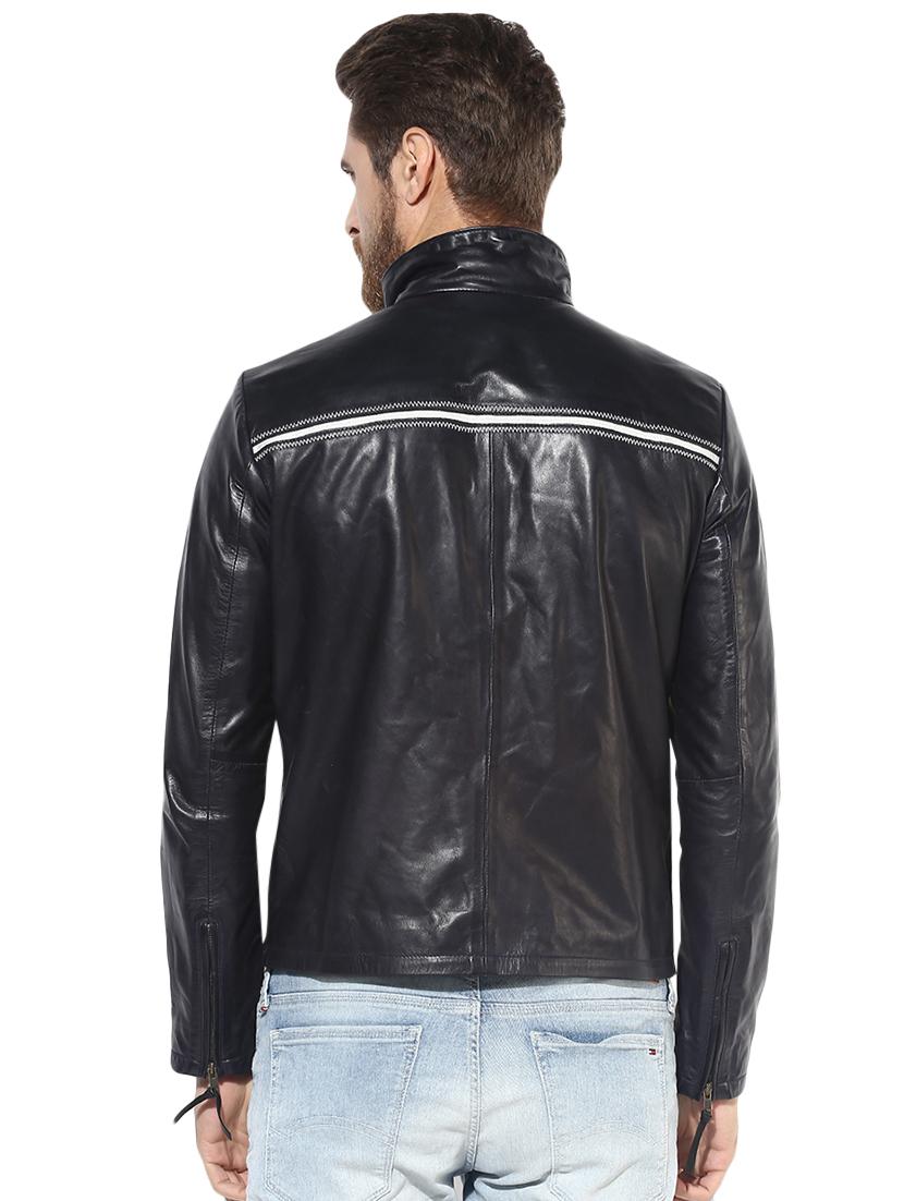 blue solid 100% lamb leather jacket - 16713620 - Zoom Image - 3
