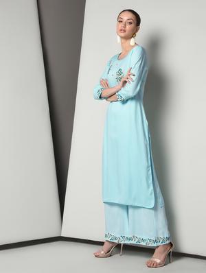 turquoise rayon kurta palazzo set - 16714195 - Standard Image - 3