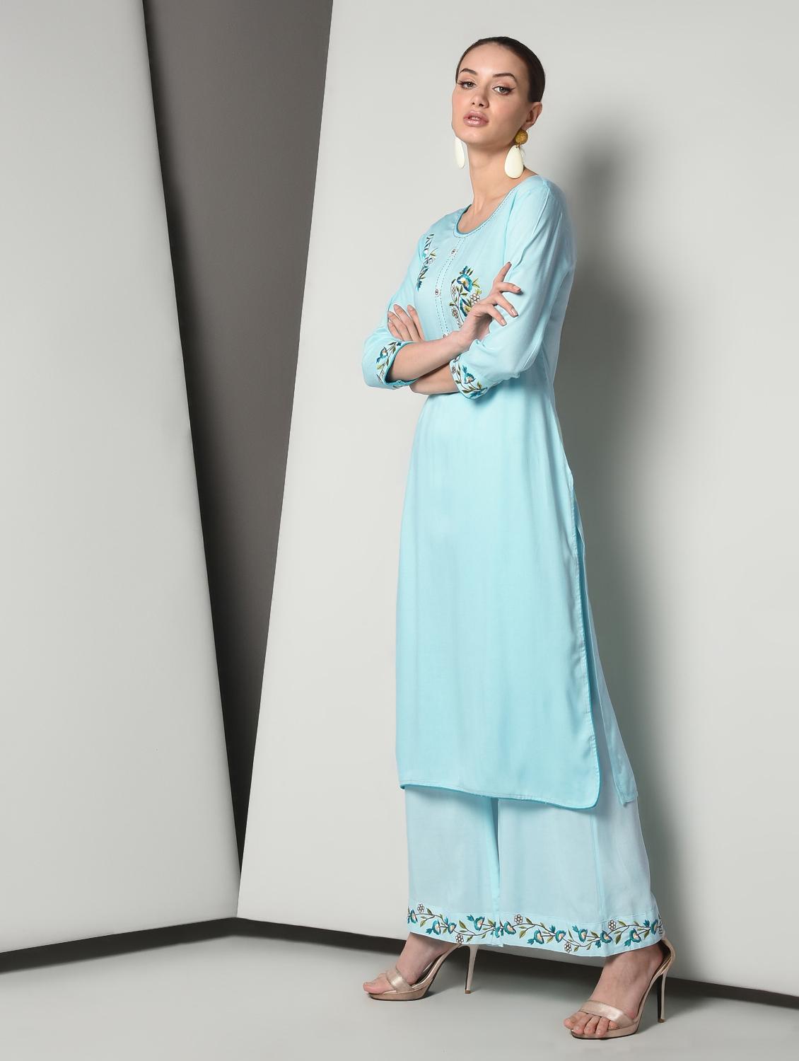 turquoise rayon kurta palazzo set - 16714195 - Zoom Image - 3
