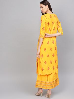 gold printed kurta palazzo set - 16741937 - Standard Image - 3