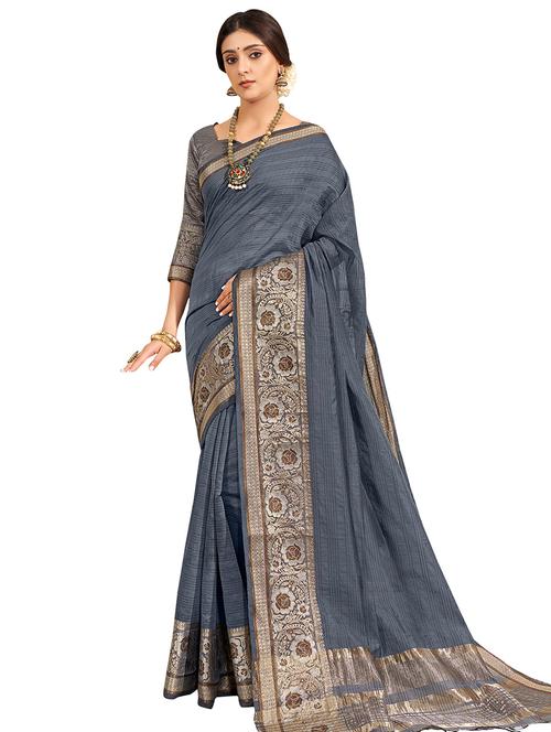 solid bordered kanjivaram saree with blouse - 16763317 - Very Small Image - 1