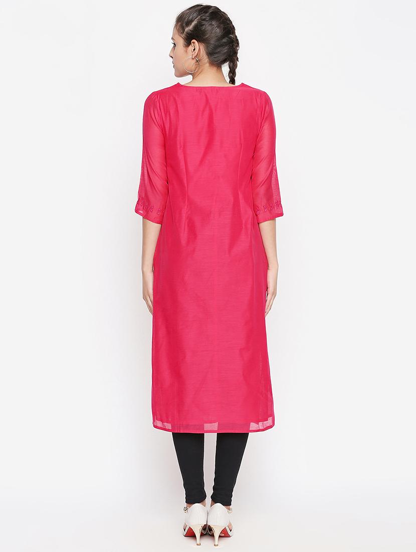 fuchsia solid straight kurta - 16771059 - Zoom Image - 3