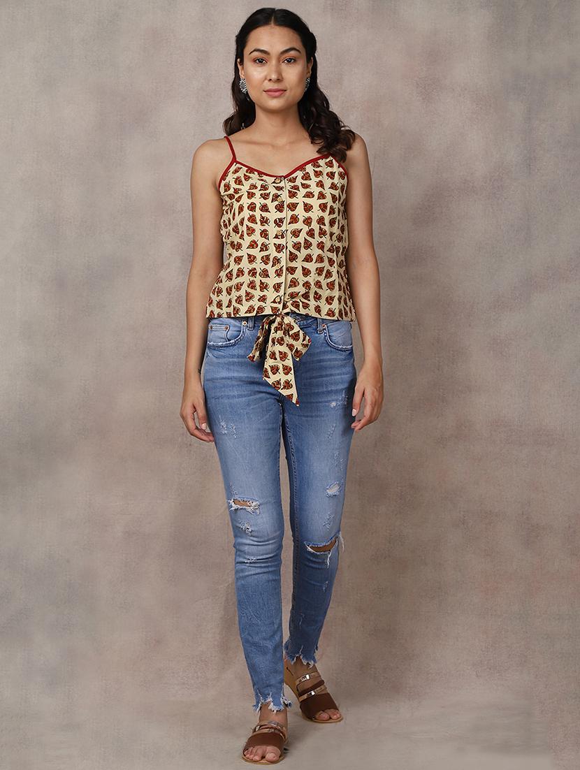 tie front leaf print crop top - 16812206 - Zoom Image - 3