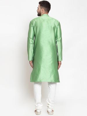 green silk blend jacquard kurta pyjama set - 16825030 - Standard Image - 3
