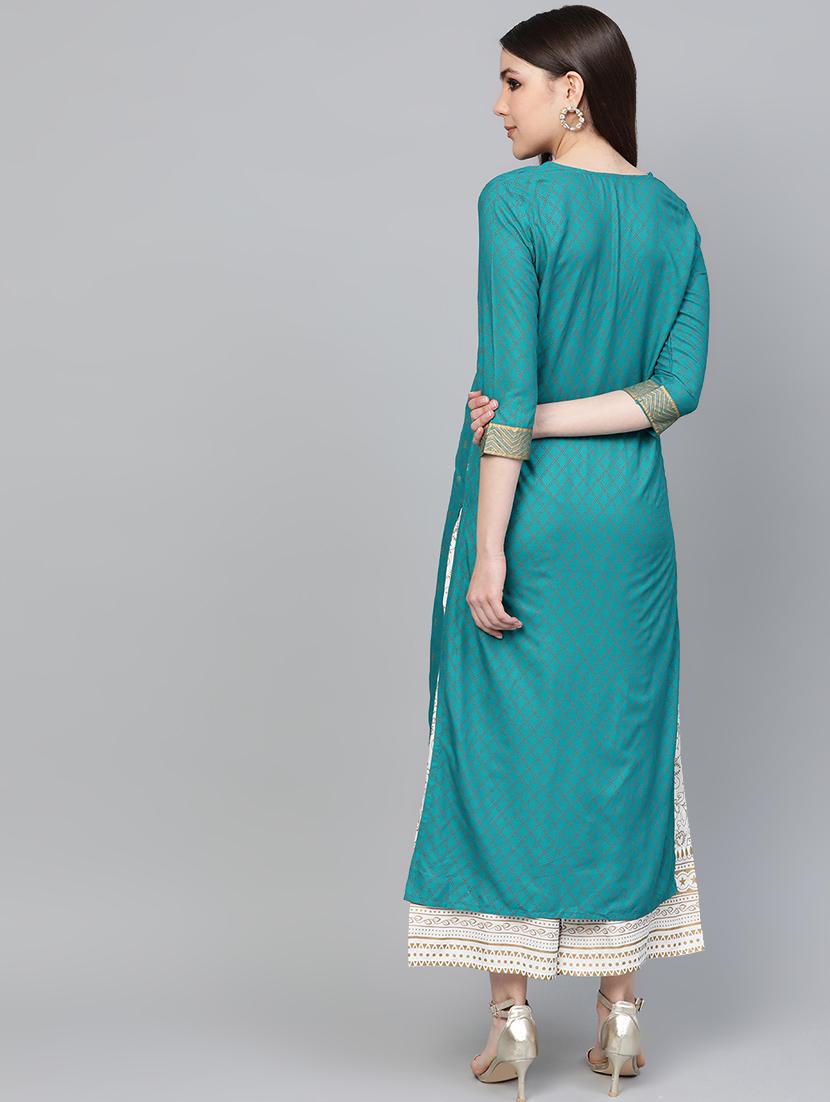 teal rayon kurta palazzo set - 16842889 - Zoom Image - 3