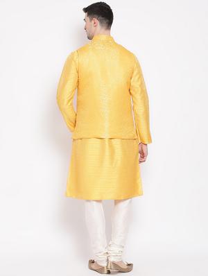 yellow solid kurta pyjama set with nehru jacket - 16843937 - Standard Image - 3