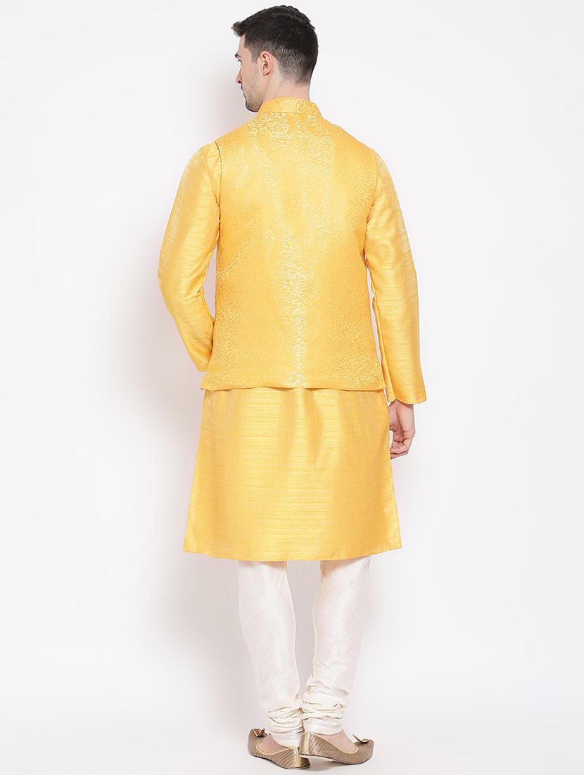 yellow solid kurta pyjama set with nehru jacket - 16843937 - Zoom Image - 3