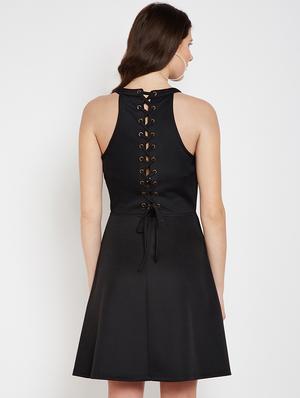 lace up back solid fit & flare dress - 16879556 - Standard Image - 3
