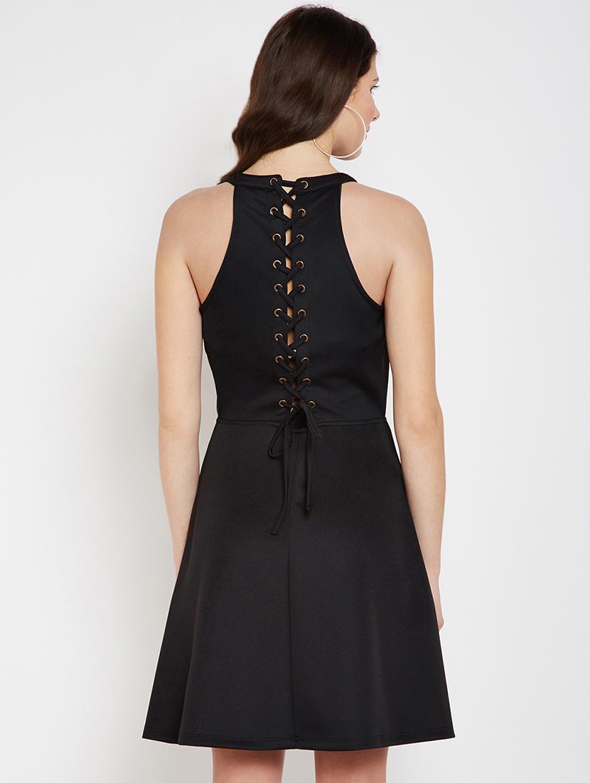 lace up back solid fit & flare dress - 16879556 - Zoom Image - 3