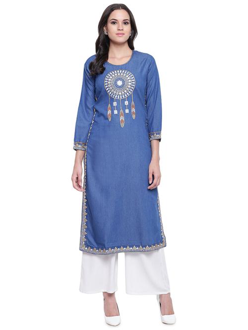 embroidered denim straight kurta - 16893569 - Standard Image - 1