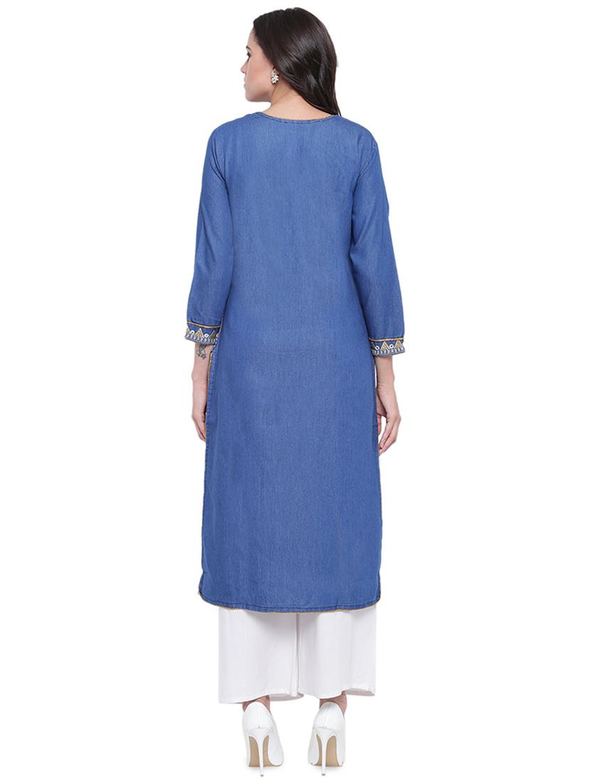 embroidered denim straight kurta - 16893569 - Zoom Image - 3