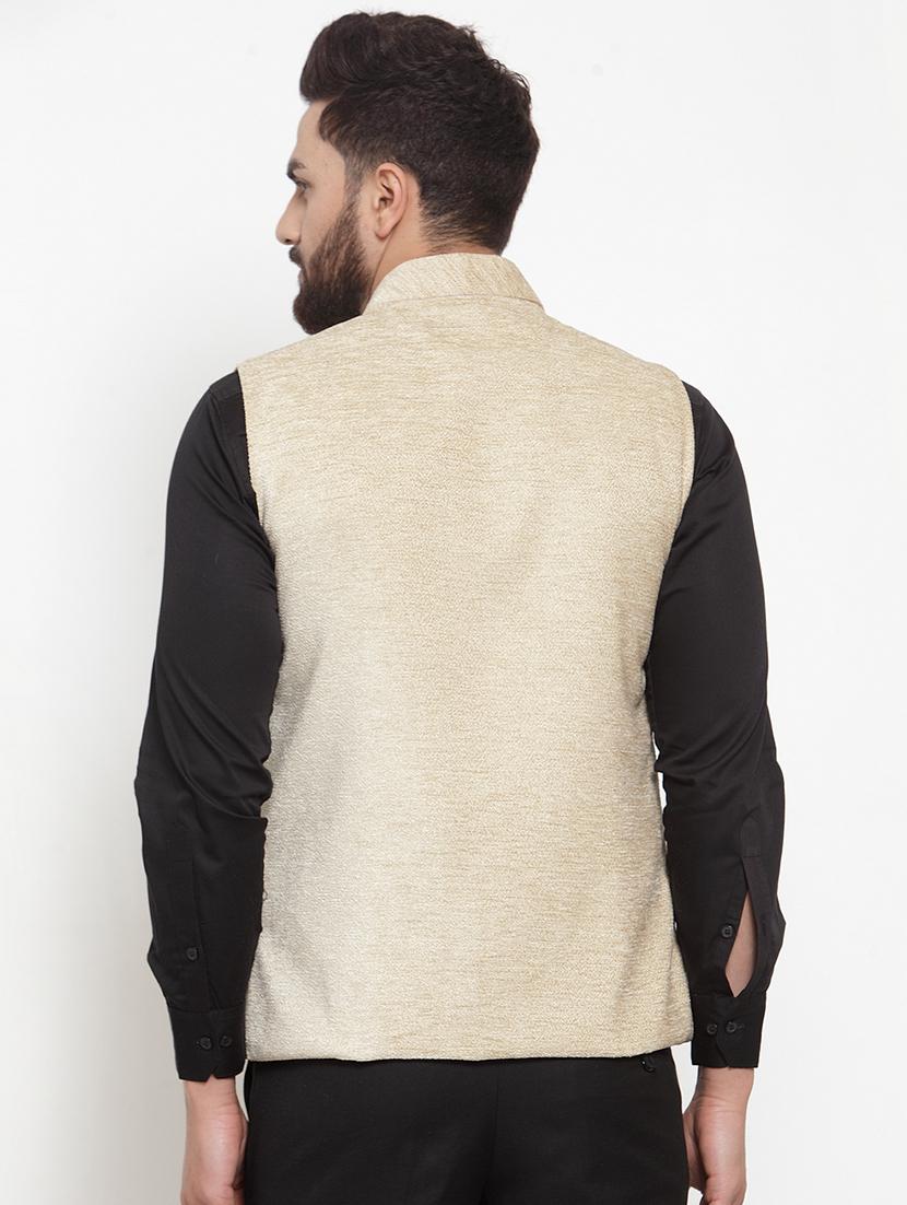 beige solid silk nehru jacket - 16927425 - Zoom Image - 3