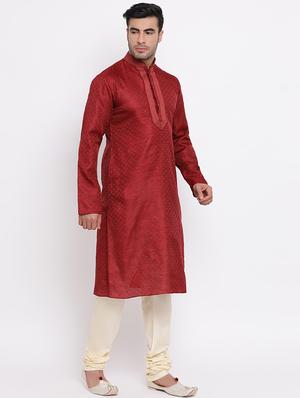 red pure silk jacquard kurta churidar set - 16943247 - Standard Image - 3