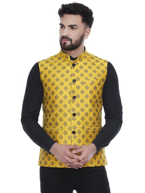 yellow printed silk nehru jacket - 16973795 - Standard Image - 1