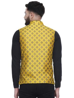 yellow printed silk nehru jacket - 16973795 - Standard Image - 3