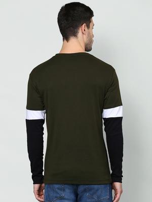 olive green color block cut & sew t-shirt - 16981761 - Standard Image - 3