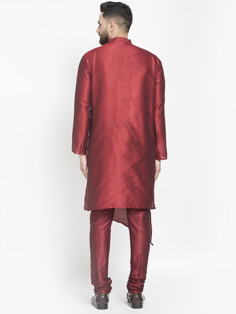 maroon silk blend kurta pyjama set - 16981930 - Zoom Image - 3