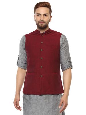 maroon cotton nehru jacket - 17079016 - Standard Image - 3
