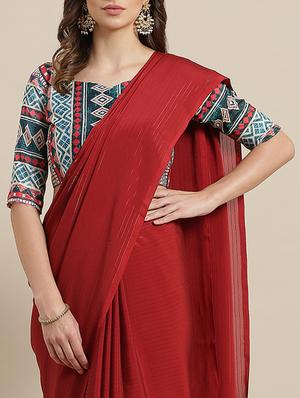 striped plain saree with blouse - 17092043 - Standard Image - 3
