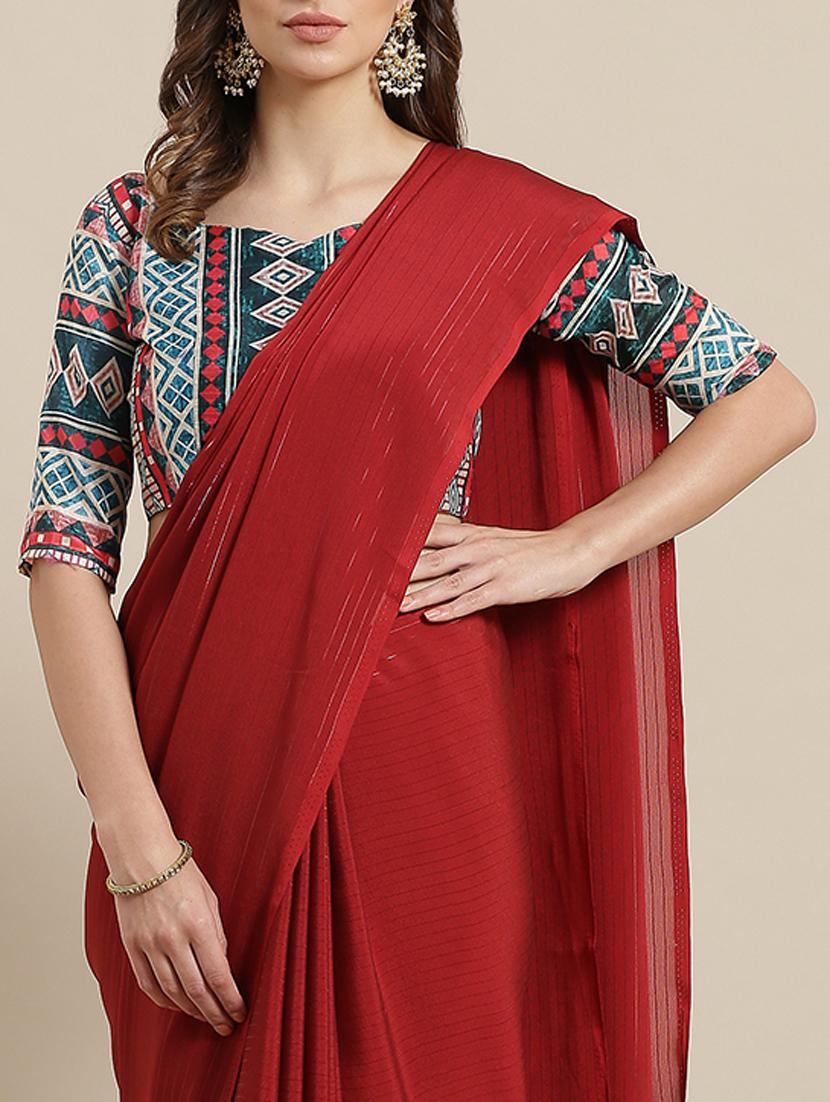striped plain saree with blouse - 17092043 - Zoom Image - 3