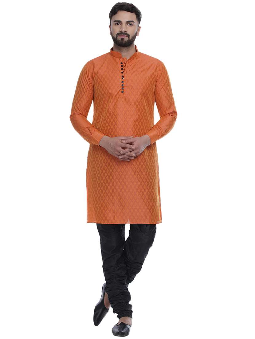 orange jacquard silk blend long kurta