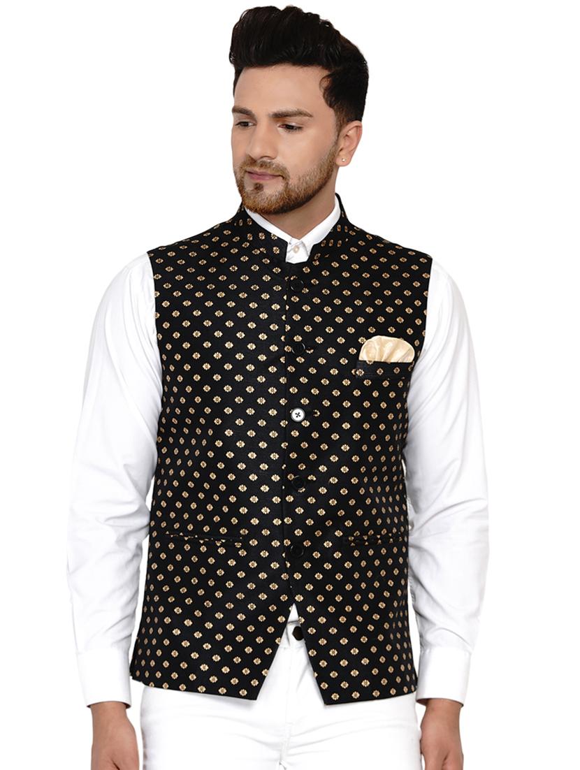 black printed silk nehru jacket