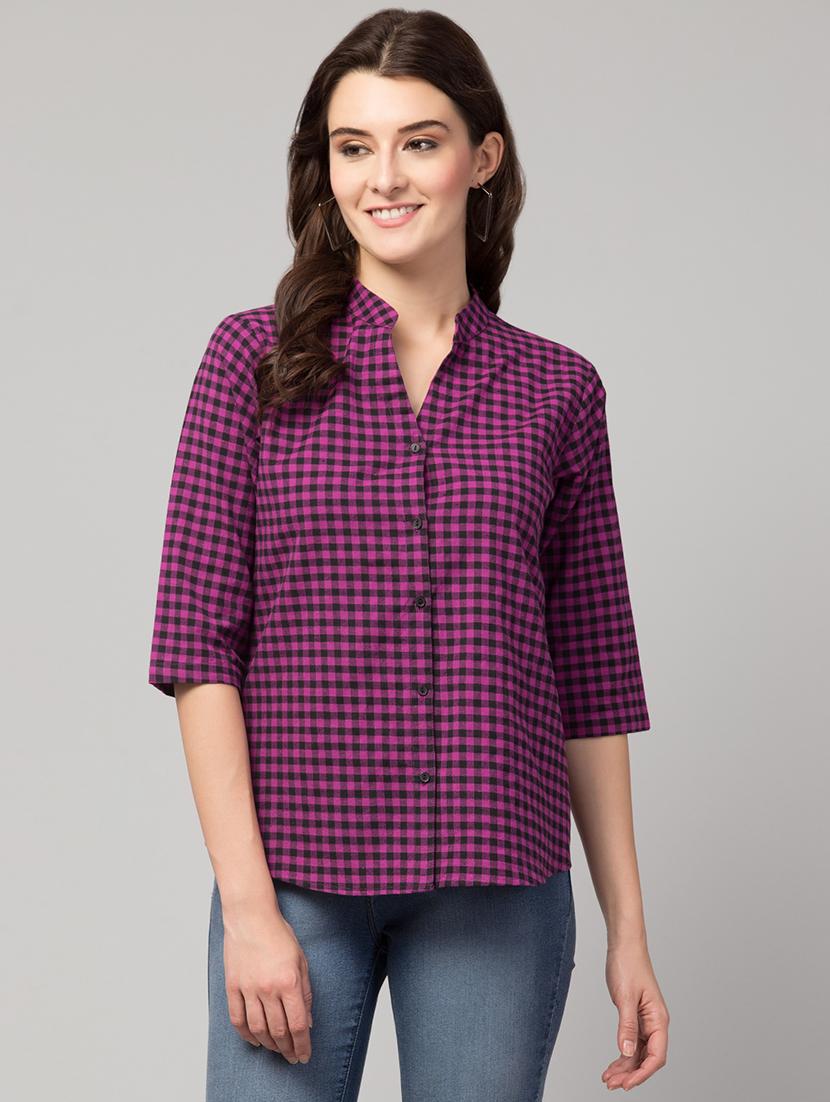 mandarin neck checkered shirt top
