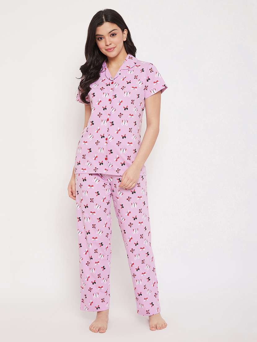 shirt collar printed pajama set