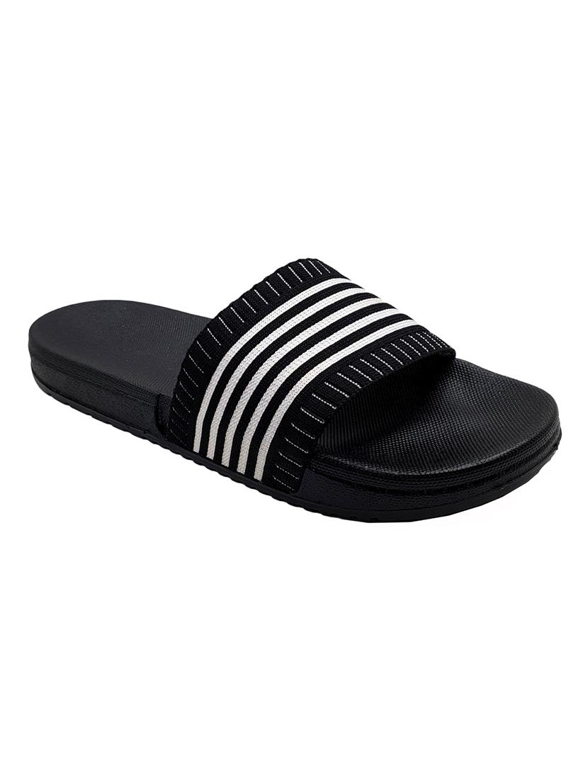 black synthetic & mesh slip on flip flops