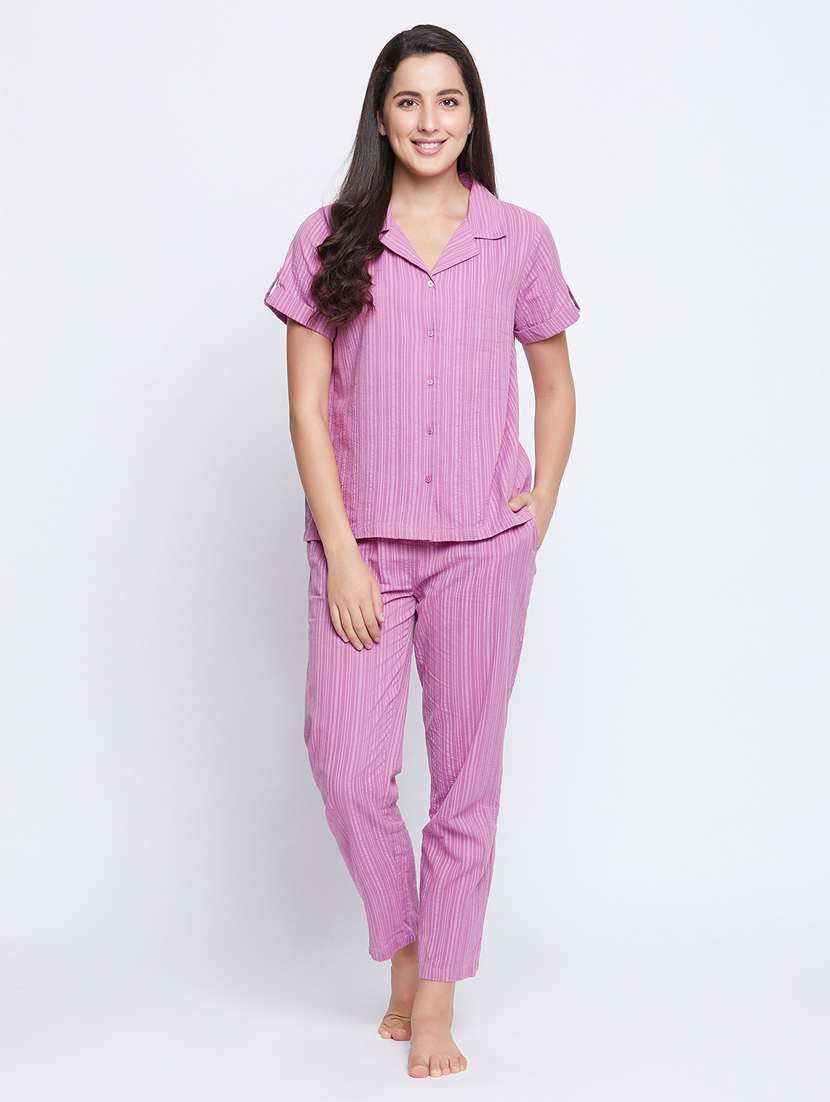 shirt collar printed nightwear pajama set