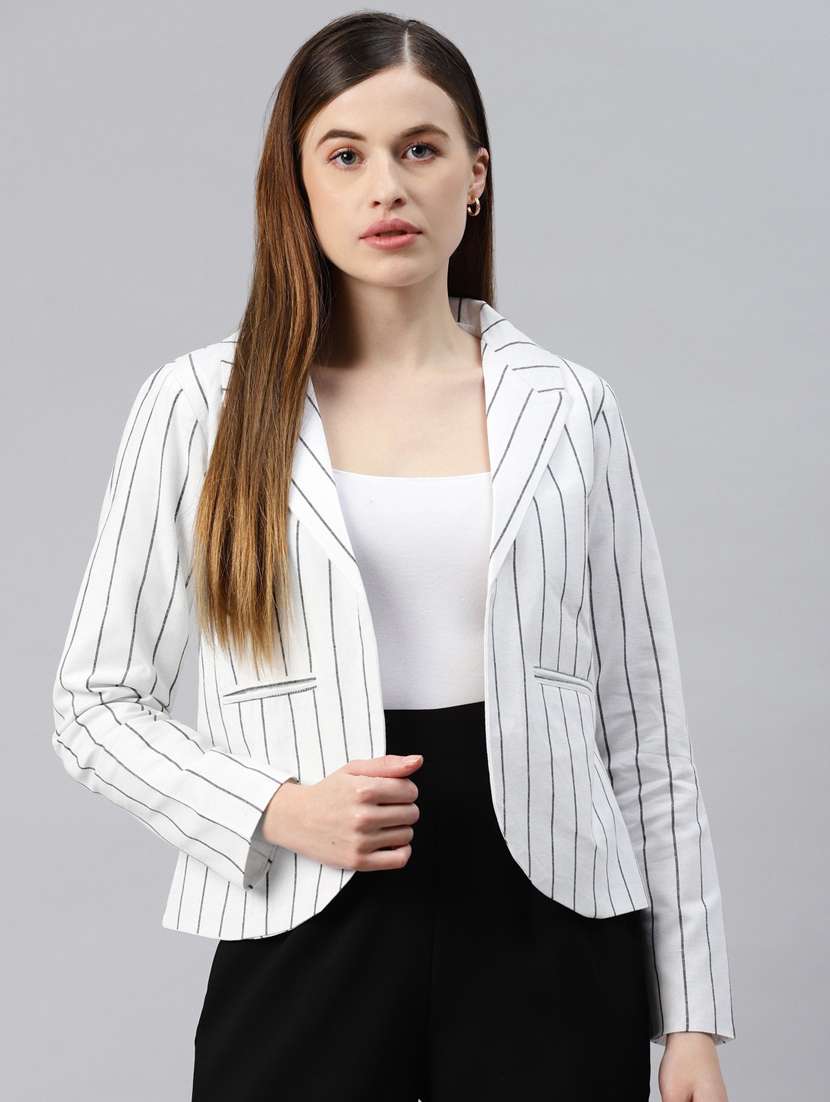 open-front lapel-collared striped formal blazer