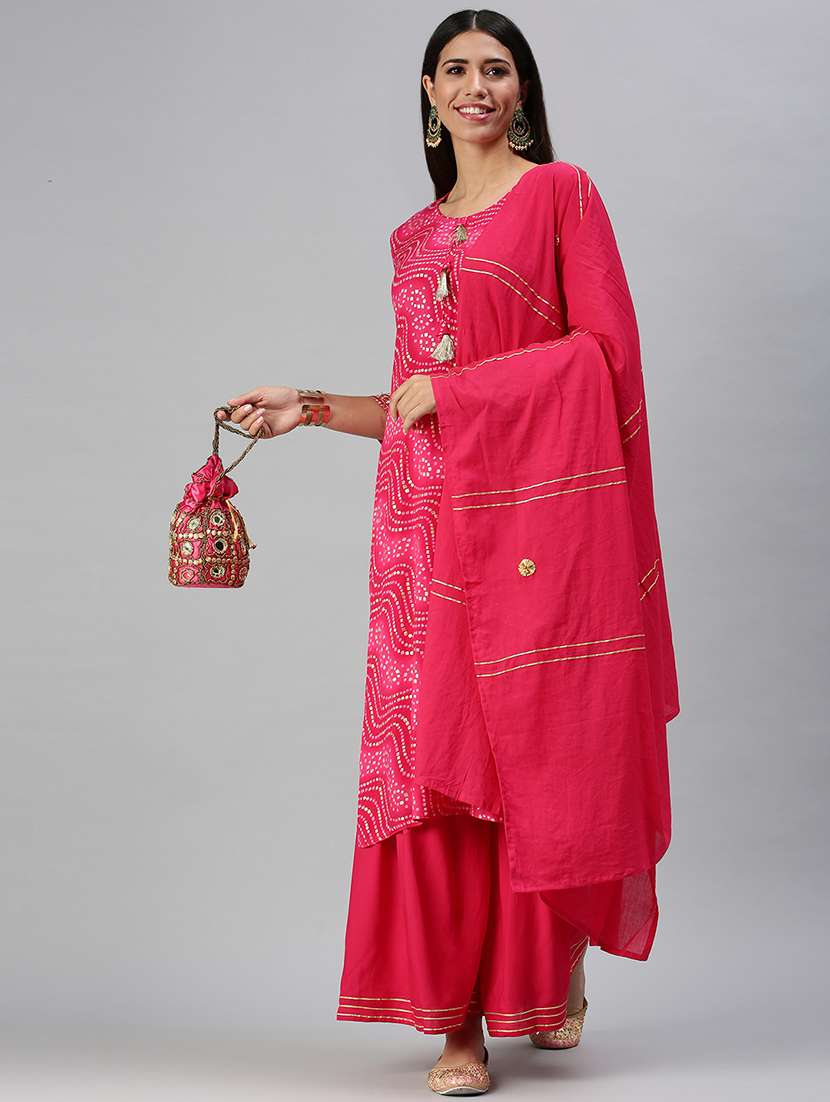 women pink bandhani printed kurta sharara with dupatta set