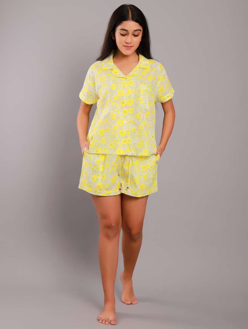 shirt collar printed nightwear shorts set
