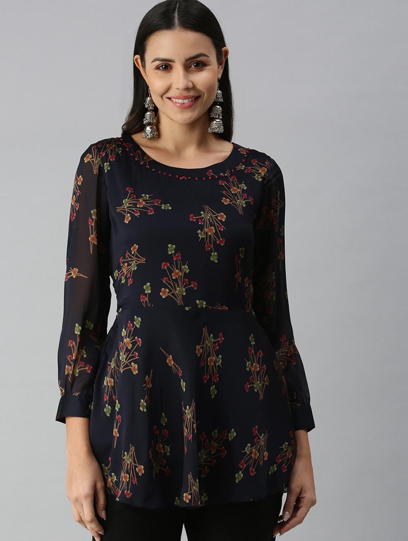 navy printed a-line kurti