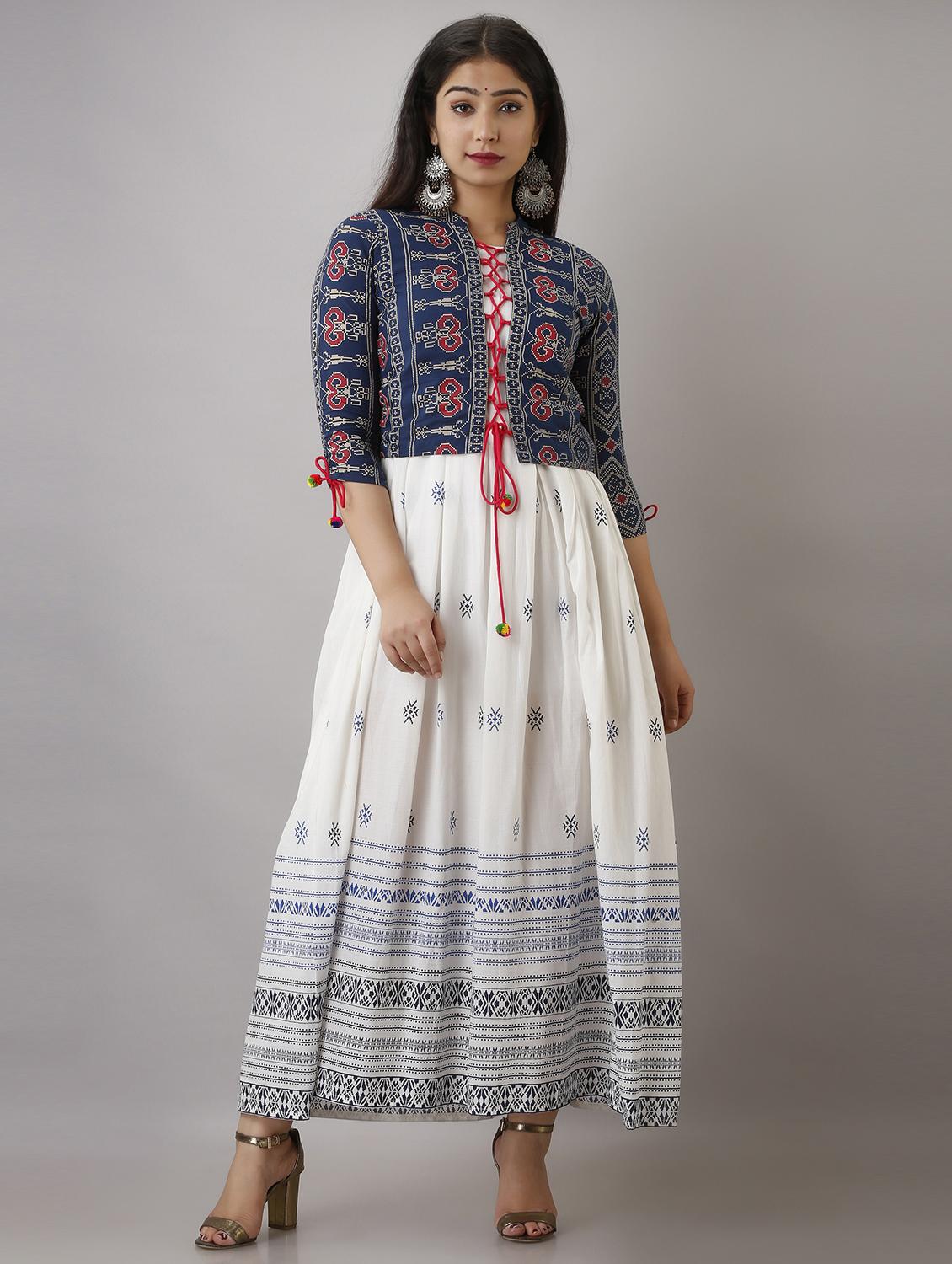 white printed flared kurta