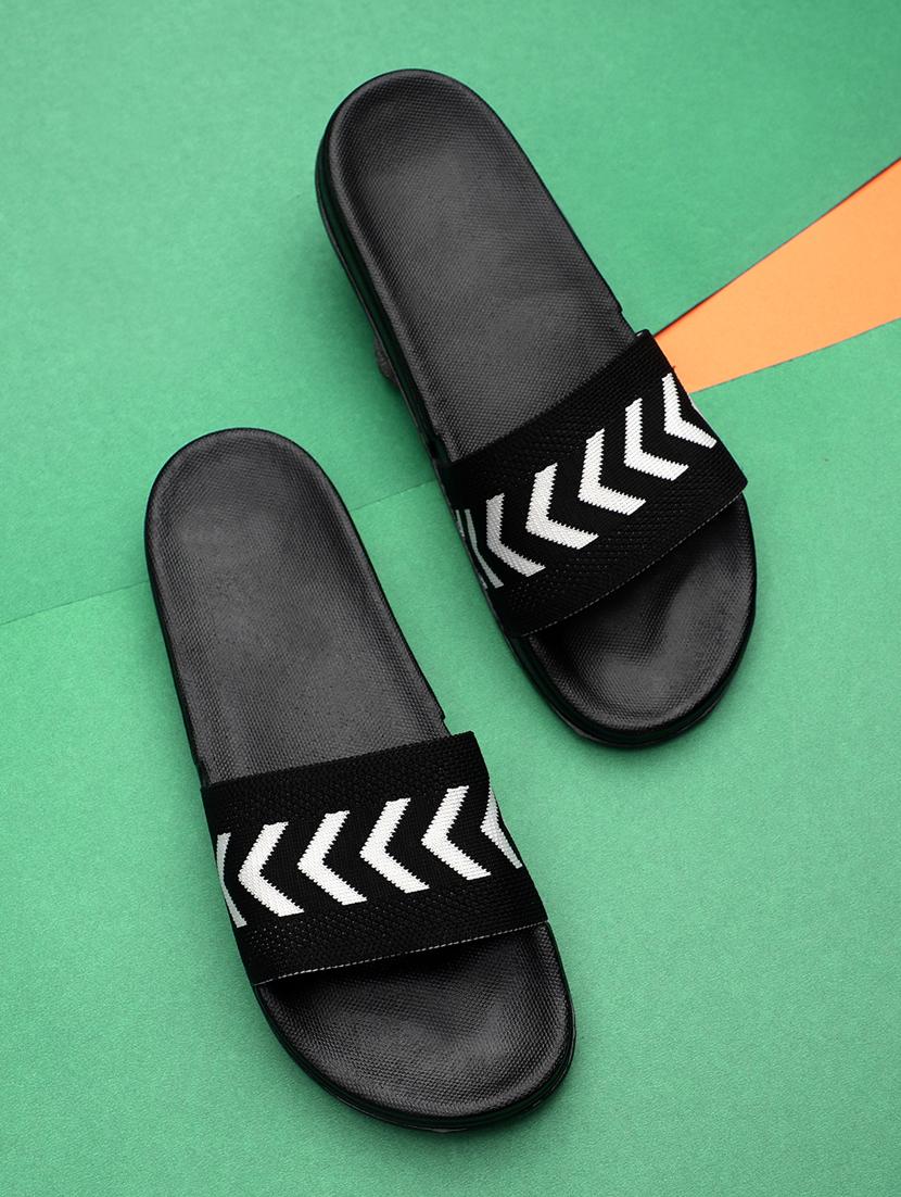black synthetic & mesh slip on flip flops