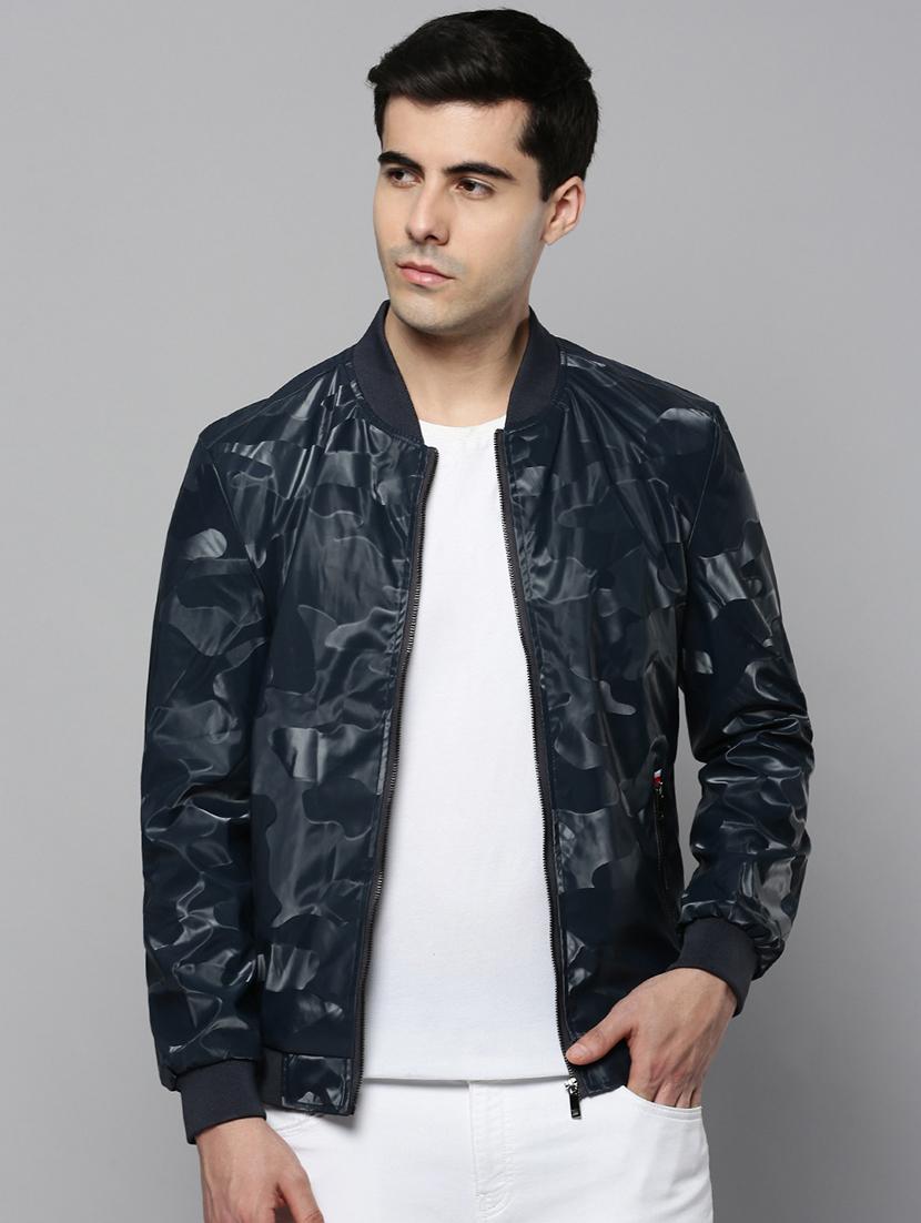 navy blue self design jacket