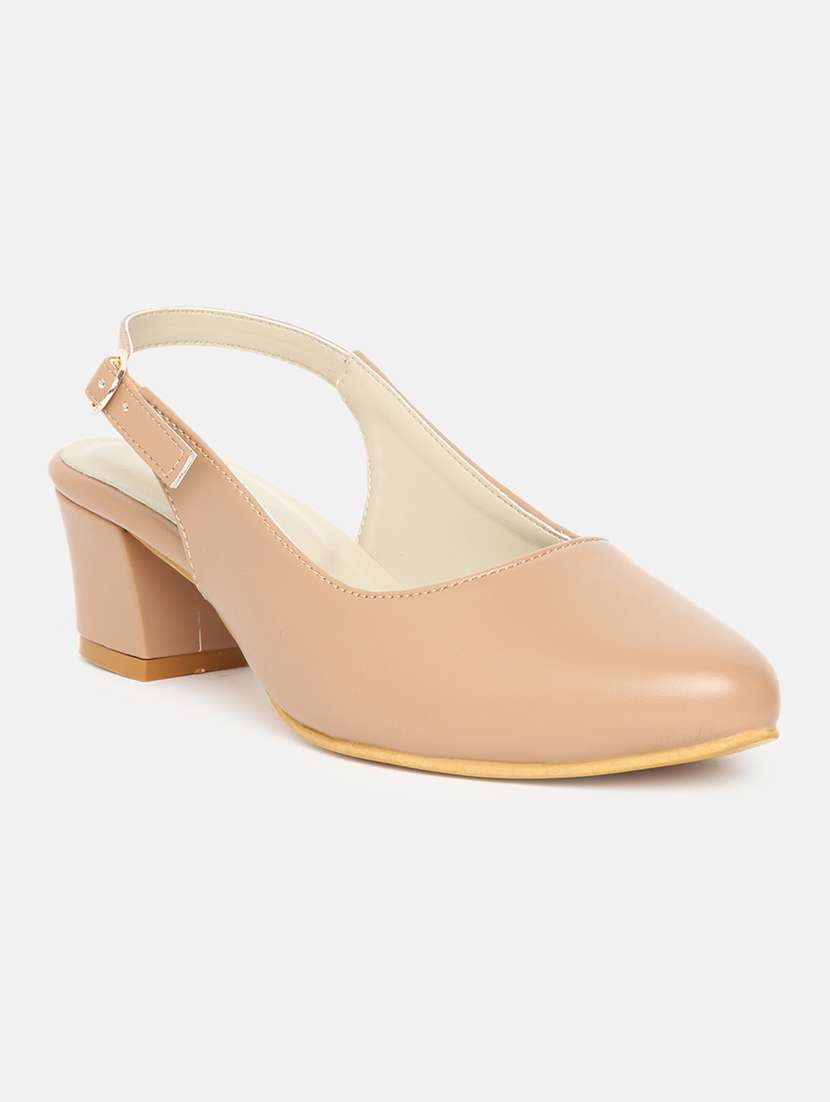 beige solid back strap block heels
